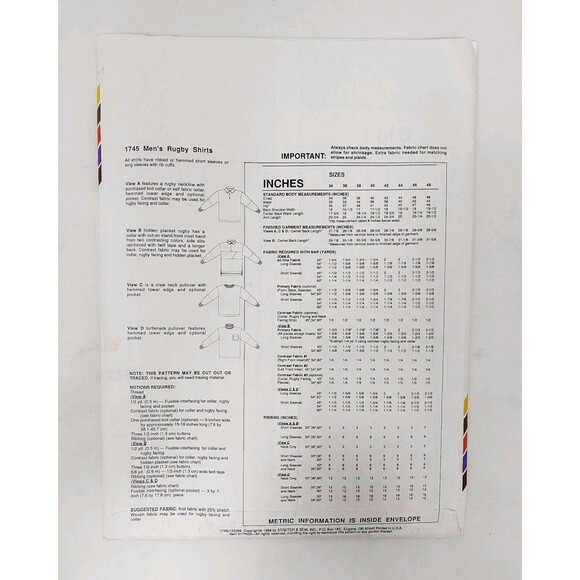 Mens Rugby Shirt Pattern Stretch & Sew 1745 Uncut 1980's VTG Sizes 34" to 48" - Picture 3 of 6